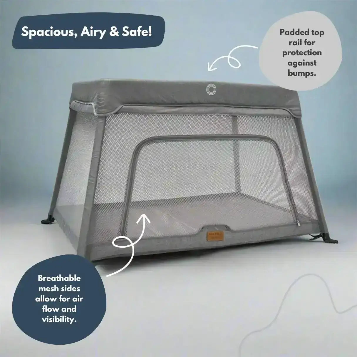 Airpod Travel Cot With Bassinet – Silver Lightweight Portable