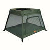 Green baby travel cot with mesh sides and bassinet insert